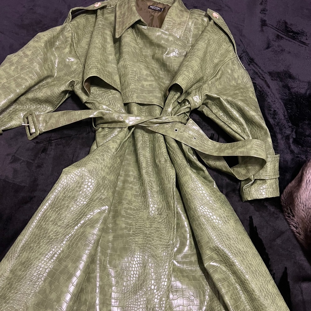 Nasty Gal Olive Green Croc-Embossed Faux Leather Trench Coat